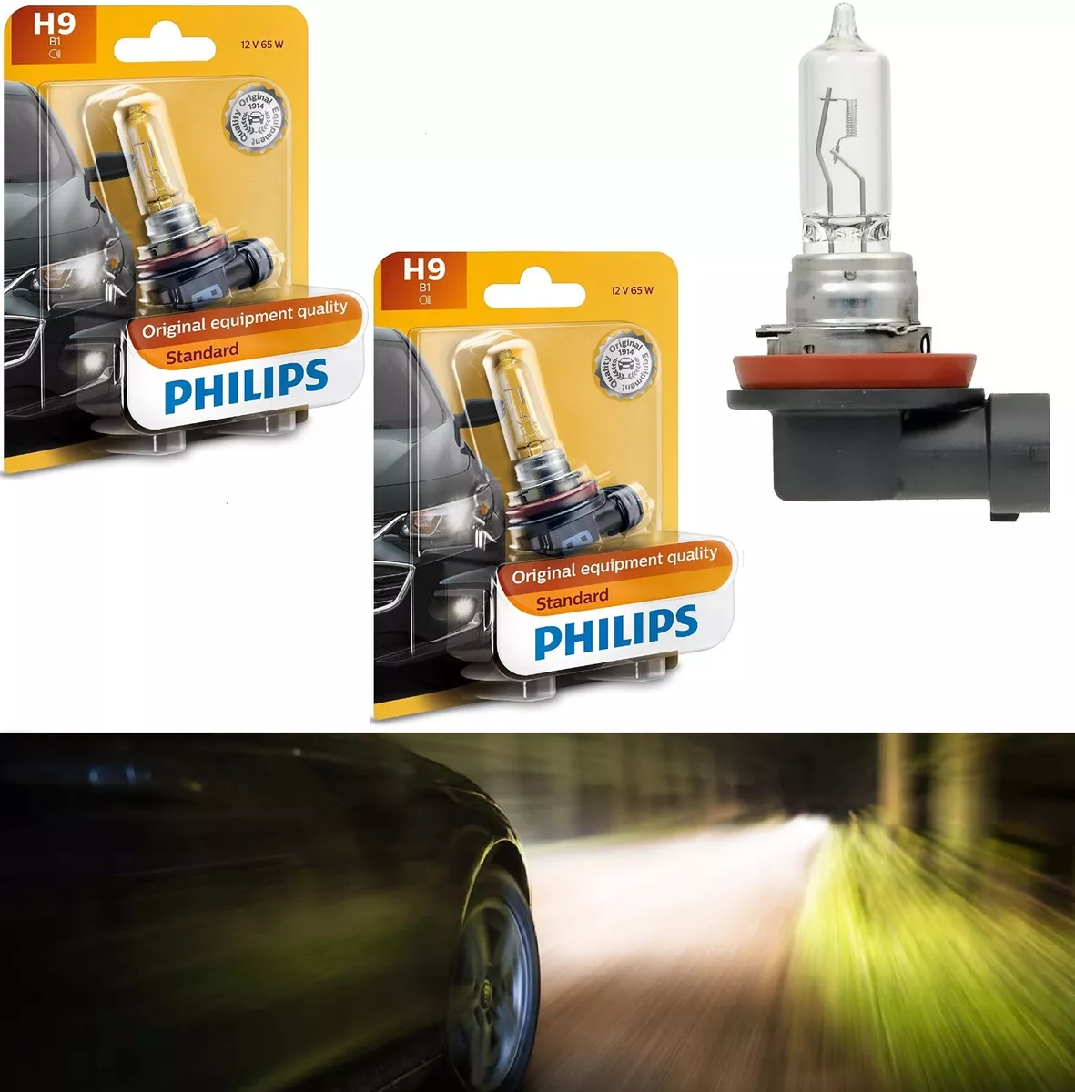 Philips Standard H9 65W Two Bulbs Head Light High Beam Replacement Stock Lamp OE