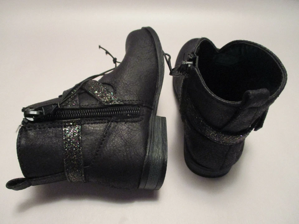 New Okie Dokie Lil Belina Toddler Girl 5 Side Zip Black Sparkle Strap Ankle Boot - Image 2 of 4