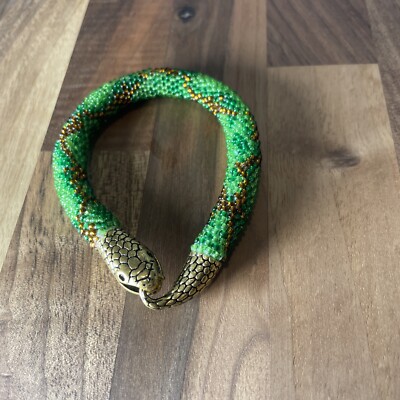 Handmade Snake skin gold green Bacelet python print bead crochet rope 22cm