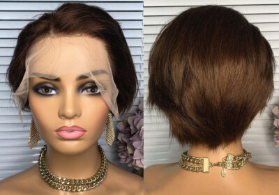 Pixie Short Cut Dark Brown Brazilian 100% Human Hair Wigs L Part Lace Front Wigs