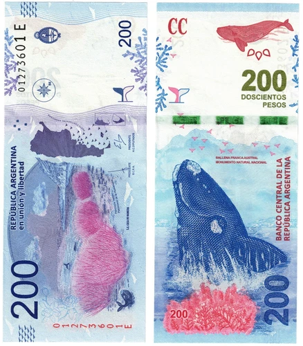 2016 Argentina 200 Pesos P364 a(1) Banknote UNC Blue Whale