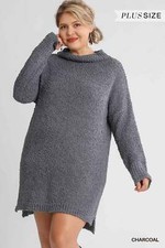 High Cowl Neck Bouclé Long Sleeve Sweater Dress Gray