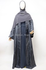3 Piece Set Open Kimono Printed Jacquard Abaya with Inner Dress Charcoal