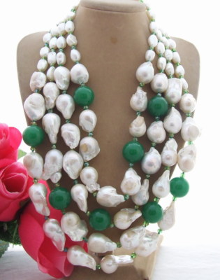 25mm Freshwater White Keshi Pearl Green Jade Crystal Multi Strands Necklace 19''