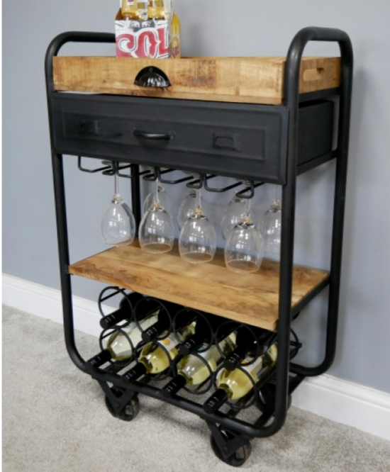 Industrial Drinks Trolley Rustic Metal Mini Bar Wine Glass Bottle Holder eBay