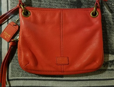 Authentic Fossil Brand Leather Bag with Strap Lightly Used Orange w/ Zipper Nice
