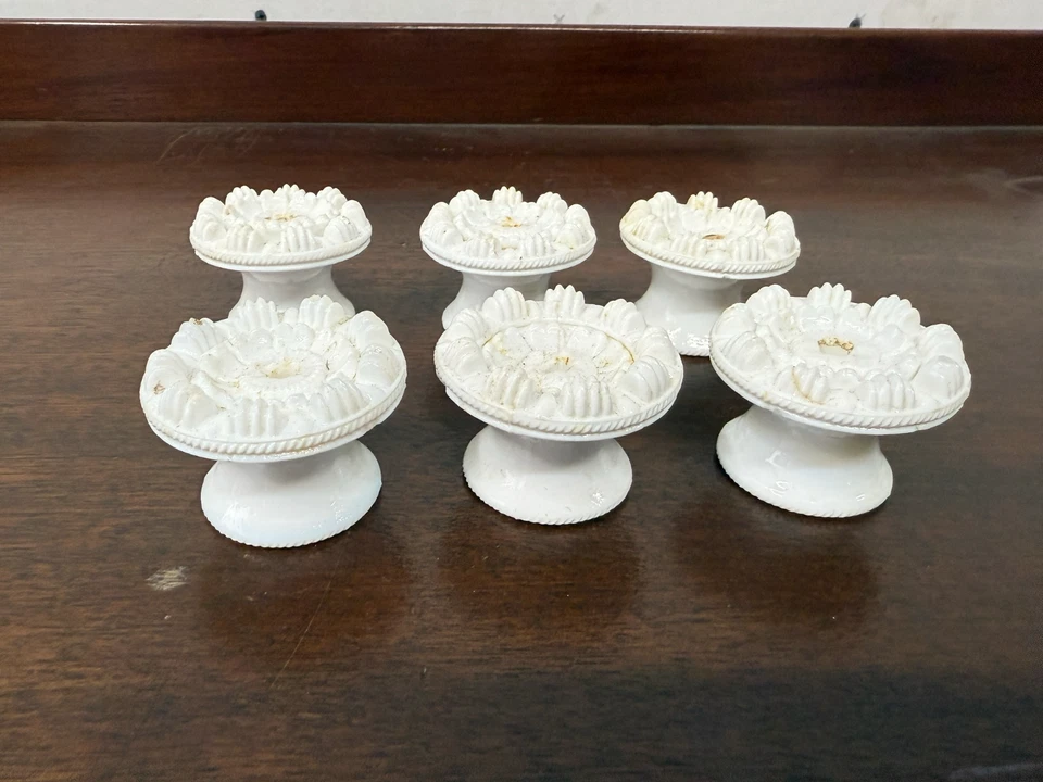 6 antique pressed glass sandwich 1840s dresser knobs split petal milk glass - Image 2 of 4