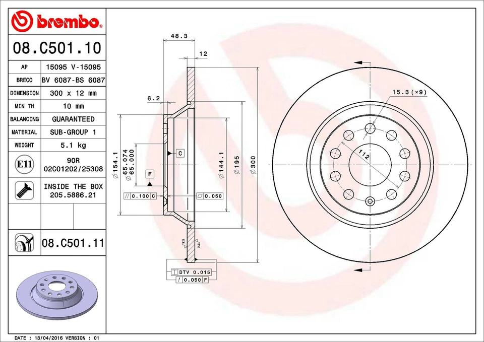 Brembo 08.C501.11 300mm Rear Disc Brake Rotor for 2016-2022 Audi Q3 — 第 3/4 张图片