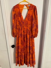 Women "Toccin X RTR" orange, long sleeve open back long flowing dress. Size 12