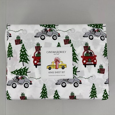 Cynthia Rowley King Sheet Set Holiday Travel Cats Present Shopping & Tree On Car