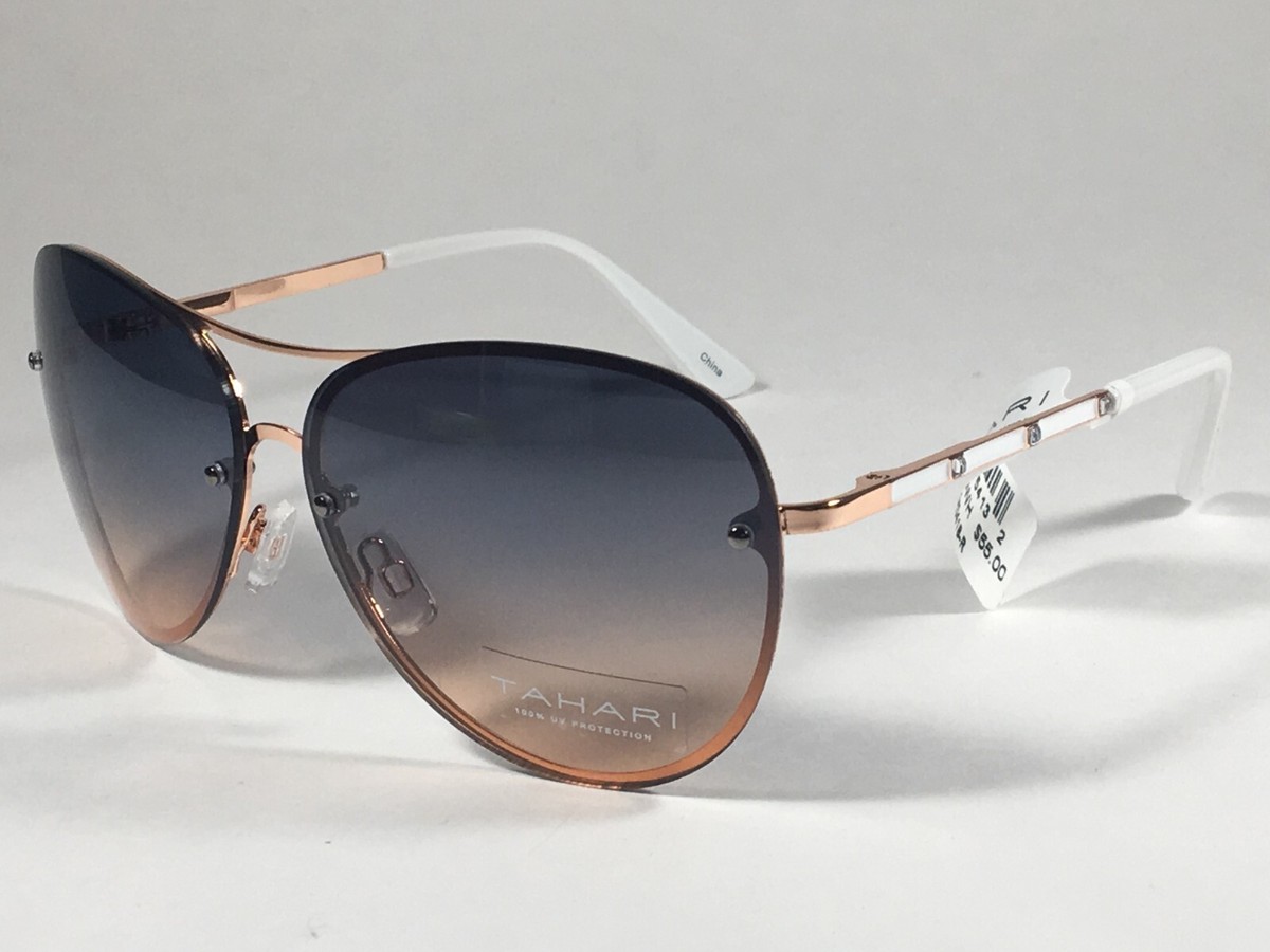 Tahari Rimless Aviator Sunglasses Rose Gold White Blue Gradient Lens TH651  RGDWH