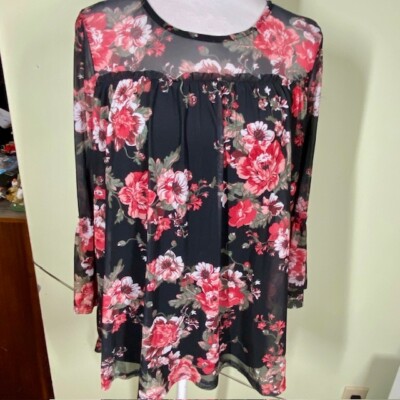 Bobbie Brooks Womens Sz S Black Floral Sheer 3/4 Bell Sleeve Lined Top Peasant