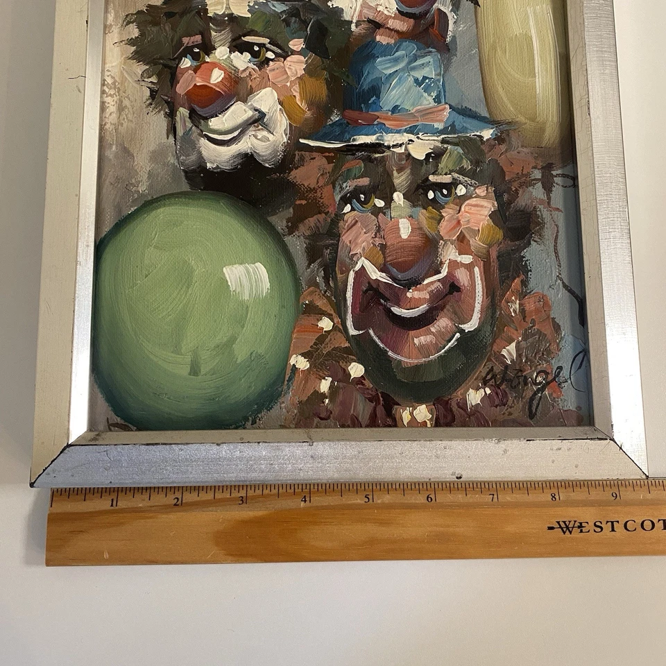 Pintura Payaso De Colección Lienzo Impresionista 11x9 Firmado Trío Actuando Happy Moody Foto 4 de 4