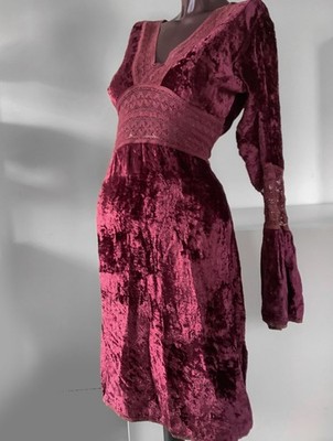 vintage burgunderrot Kleid Crushed Samt Spitze 100% Baumwolle Cottagecore Boho Gothic