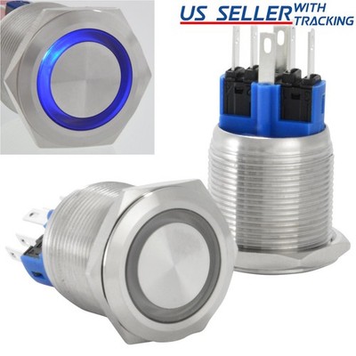 22mm Latching Push Button Power Switch Stainless Steel w/ Blue LED Waterproof
