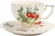 Beige Porcelain Cup and Saucer Set 8 Oz Scented Tea Cup Coffee Cup Strawberry...