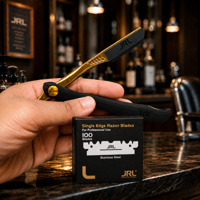 JRL Magnetic Straight Edge Razor Holder with 100 Blades Barber Shaving Kit