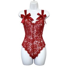 Victoria  s Secret Vintage Gold Label Lace Teddy Bodysuit Red Satin Bows Size S