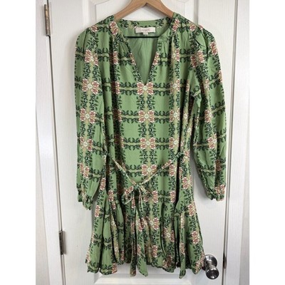 LOFT Women's Tiled Vine Dress Long Sleeve Pleated V-Neck Belted Size S Small