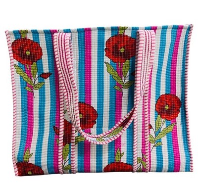 Multicolor 100% Cotton Handblock Printed Quilted Tote Bag with Open Closure