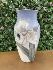 13” Royal Copenhagen 1969-74 Vintage Art Pottery Floral Blue Ceramic Tall Vase