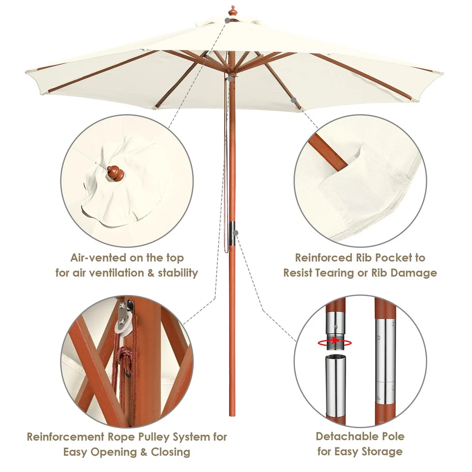 Yescom 9' Wood Outdoor Patio Umbrella with Base Included Wheels Stand Ivory - Image 4 of 4