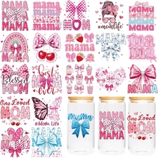 Mom UV DTF Cup Wraps - 20 Sheet Mama UV DTF Transfer Stickers, Pink Bow UVDTF Cu