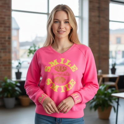 Miss Goodlife Pullover Neon Pink Gr S Namaste Strass Smile V-Ausschnitt NEU