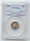 Clad 1936 Mercury Dime 10C PCGS MS66 Series 31, Coin 48