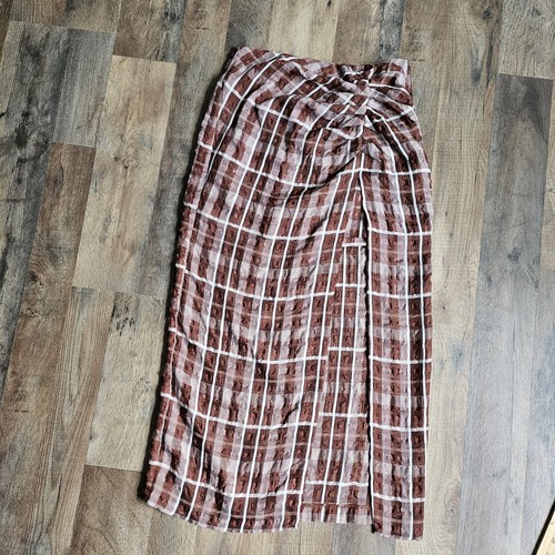 ZARA Brown Plaid Slit Midi Skirt – Size XS – EUC Polyester Blend | Side Slit