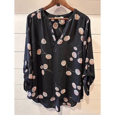 Daniel Rainn Black Floral Split Neck Roll Tab Sleeve Blouse XXL RPD14198PR1