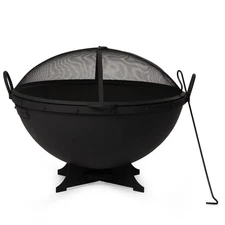 Ash & Ember 32" Hemisphere Fire Pit with Screen and Poker, Cast Iron High-Temper