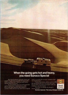 1973 Sunoco Special Motor Oil Vintage Print Ad RV Camper Trailer Desert Wall Art