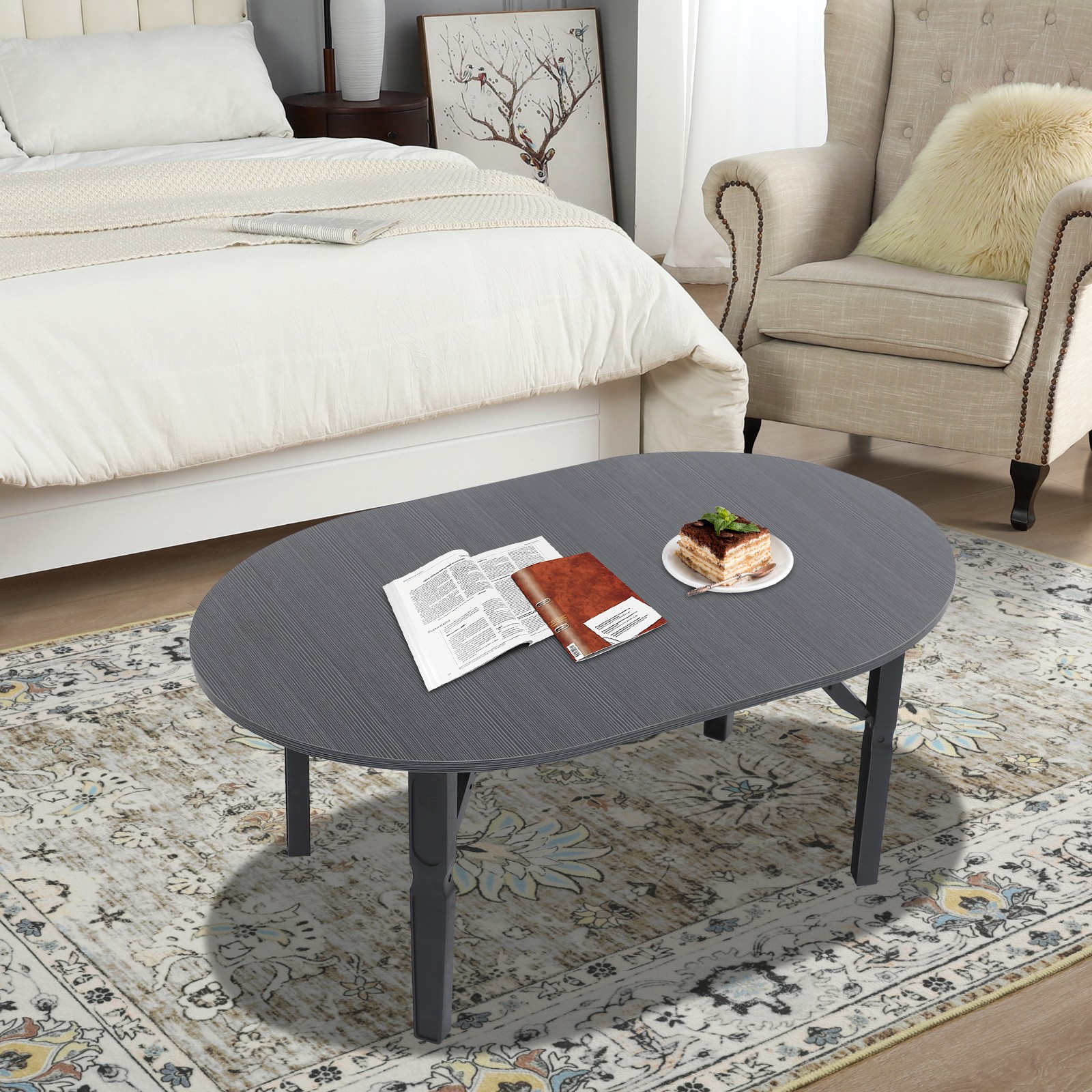 Coffee Table -80x48x36cm- Black Brushed Tabletop Folding Table For Small Place.-image