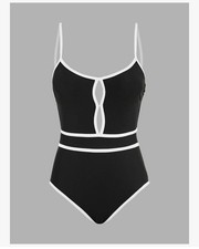 NWT Cupshe One Piece Swimsuit Women's XS Black With White Trim Keyhole