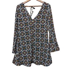 Boohoo Women 8 Navy Geometric Medallion Open Back Bell Sleeve Mini Dress Disco