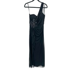 XSCAPE Black Floral Beaded One Shoulder Pleated Formal Ball Gown Dress Size 14