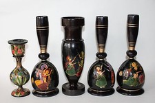 Vtg Hand Made Black Lacquer Wood Vase Candle Holder Dancer Figures 5 Pc India
