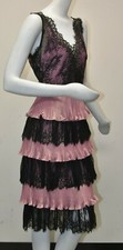 $895 NEW Marchesa Pleated Shimmer Lame Tea  Dress Lilac  Pink Black Lace 12