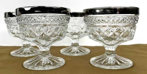 4 VINTAGE Anchor Hocking Wexford Champagne Tall Sherbet Silver Trim 3 5/8"