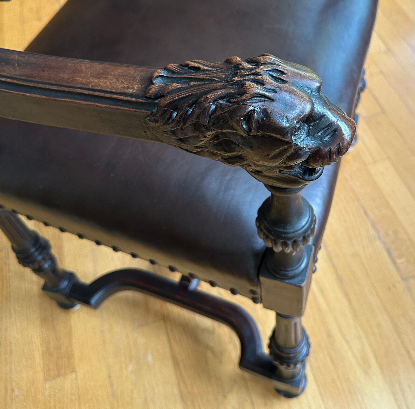 Antique Carved Figural Lions Head, North Wind Arm Chair Leather