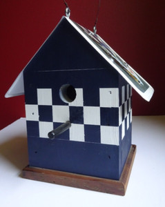 Decorated Birdhouse in Green & White Check, Metal roof with Race car