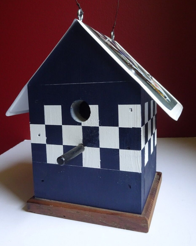Decorated Birdhouse in Green & White Check, Metal roof with Race car