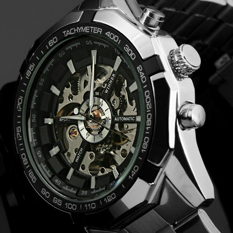 Montre Mécanique Squelette Homme Acier Inox - Cadran Argenté - À Réparer (vitre)