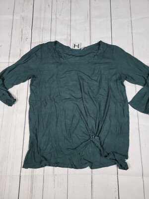 H by Bordeaux Women's Long Sleeve Dark Green Ribbed Blouse/Top, Size Large