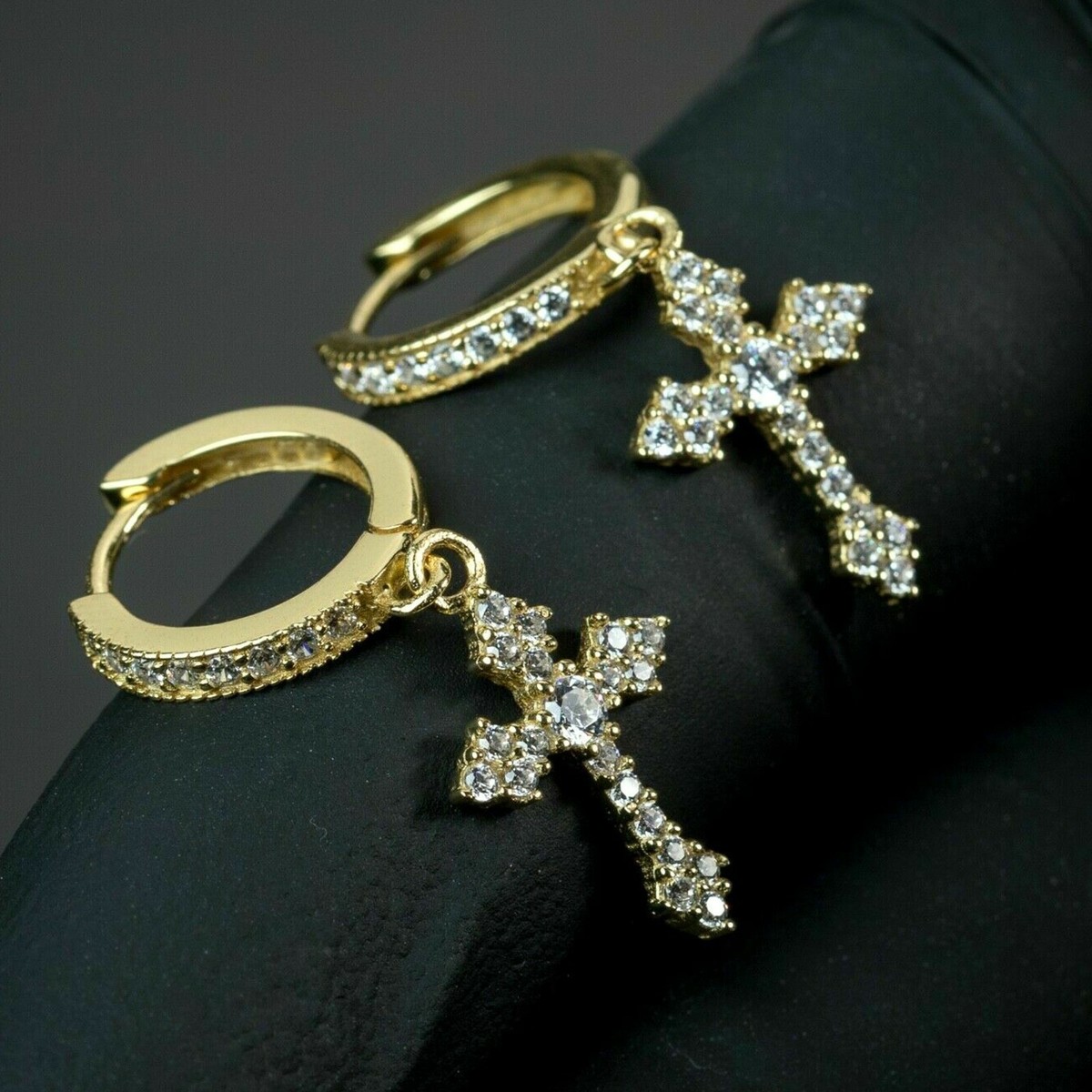 Unisex Dangle Hanging Cross Huggie Drop Hoop Earrings 14K Yellow