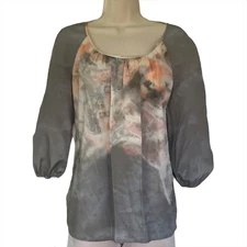 St. John Silk Blouse Gray Pink Size 6 Stretch 3/4 Balloon Sleeves