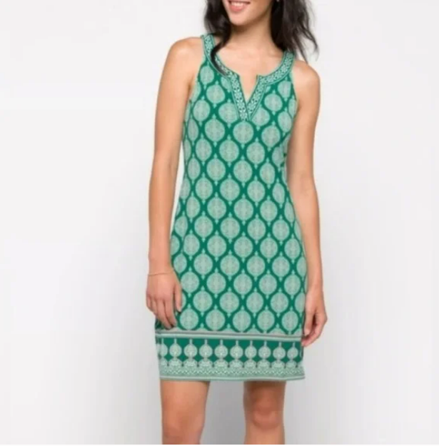Magnolia Grace Womens Alhambra Knit Dress Embroidered Trim Green Size Large