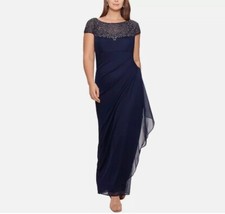 Xscape Womens Navy Embellished Maxi Formal Evening Dress Gown 16