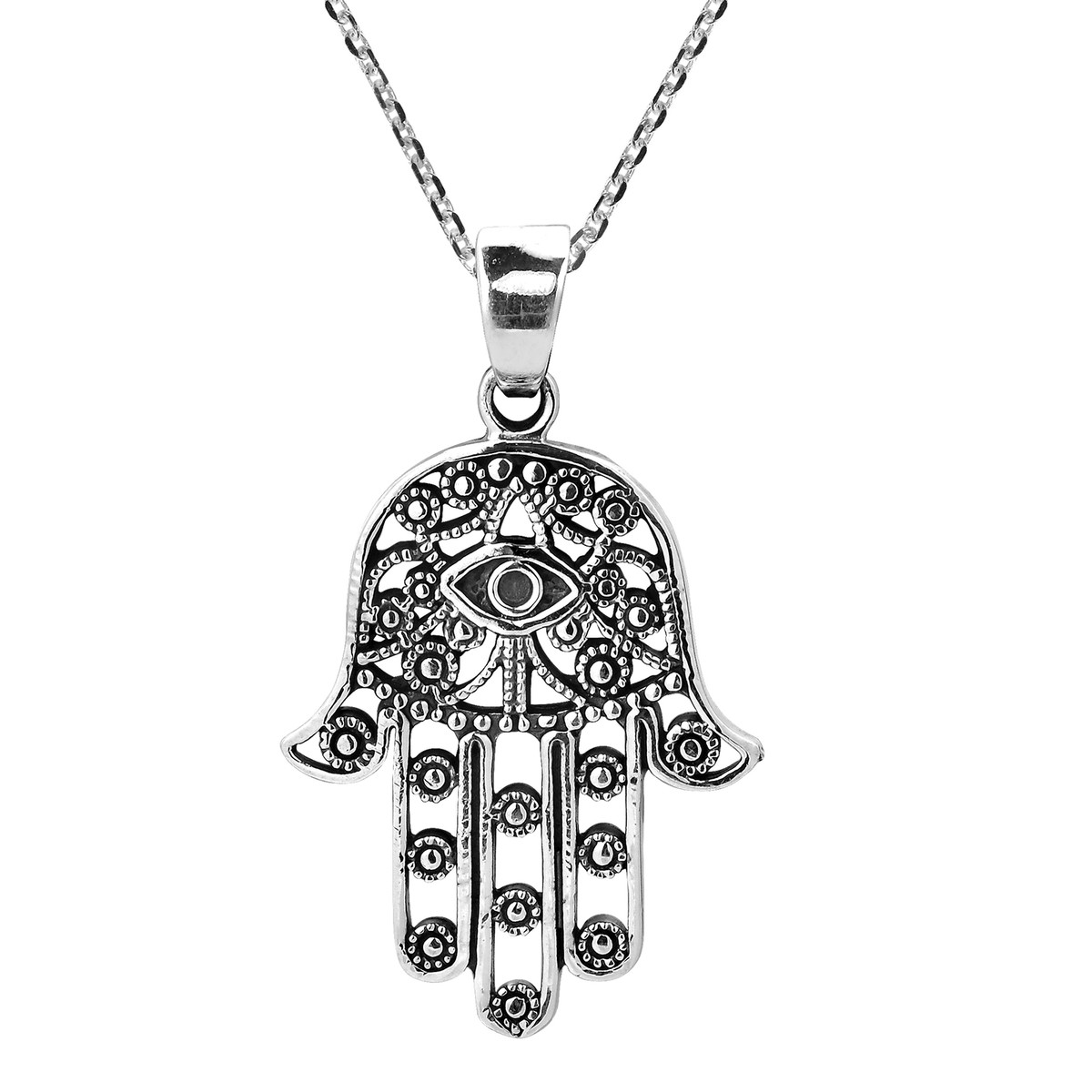 Henna Hamsa Hand of Fatima with Evil Eye Sterling Silver Necklace